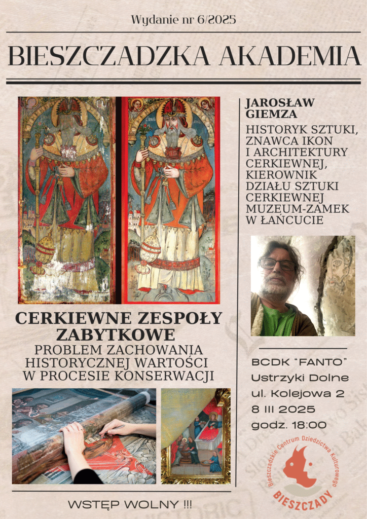 Plakat informujący o wykładzie Jarosława Giemzy w ramach Bieszczadzkiej Akademii